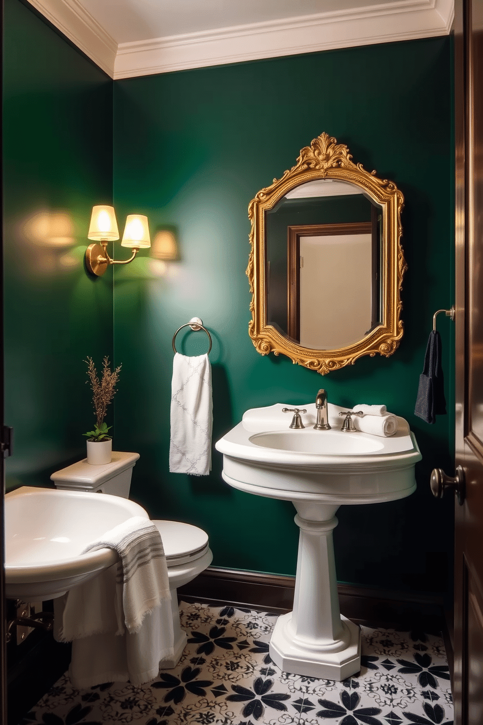 A striking powder room featuring a bold accent wall painted in deep emerald green. The space is adorned with elegant fixtures, including a vintage-style pedestal sink and a chic gold-framed mirror that reflects the rich colors. The floor is laid with intricate black and white tiles, enhancing the sophisticated atmosphere. Soft lighting fixtures provide a warm glow, complemented by tasteful decor elements like a small potted plant and plush hand towels.