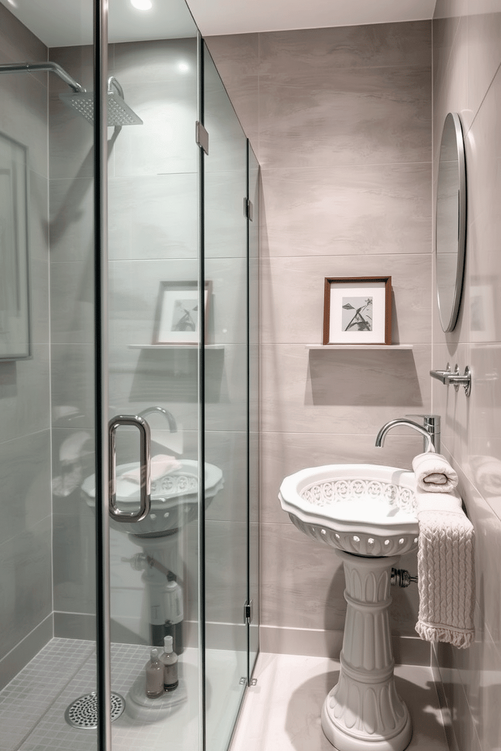 A frameless glass shower features a minimalist design, with clean lines and a seamless look that enhances the sense of space. The walls are adorned with elegant tiles in soft gray tones, creating a sophisticated backdrop for the sleek fixtures. The European powder room showcases a chic pedestal sink with intricate detailing, complemented by a wall-mounted faucet in a polished chrome finish. Ambient lighting highlights the stylish decor, including a small, framed artwork and a plush hand towel neatly displayed.