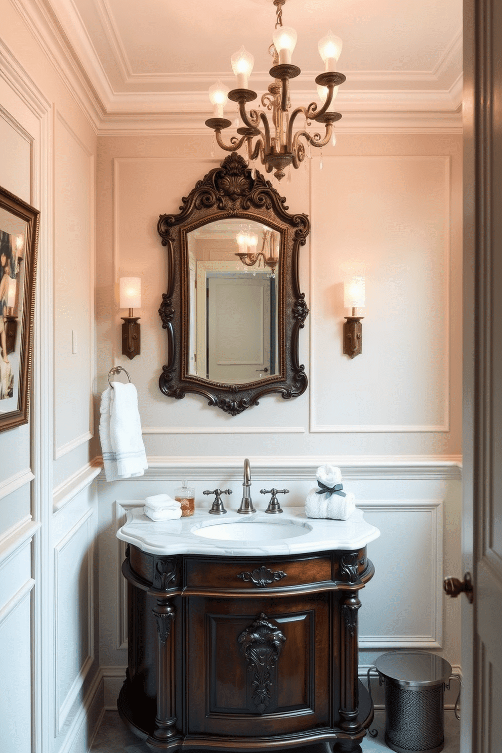 A European powder room features elegant traditional wainscoting that adds a touch of classic sophistication to the space. The walls are adorned with soft, muted colors, complemented by ornate moldings and a beautifully crafted wooden vanity with a marble sink. The room is illuminated by a vintage chandelier that casts a warm glow, enhancing the luxurious atmosphere. A decorative mirror with an intricate frame hangs above the vanity, while plush towels and tasteful accessories complete the refined aesthetic.