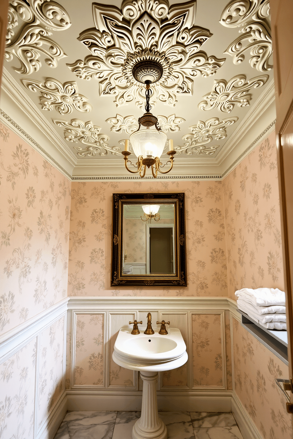 A stunning powder room with a decorative ceiling showcasing intricate plasterwork in a floral motif. The walls are adorned with soft pastel wallpaper, and a vintage chandelier hangs elegantly from the ceiling. A pedestal sink with a classic design sits atop a marble floor, complemented by ornate gold fixtures. A large, framed mirror above the sink reflects the luxurious details of the room, while plush towels are neatly arranged on a nearby shelf.