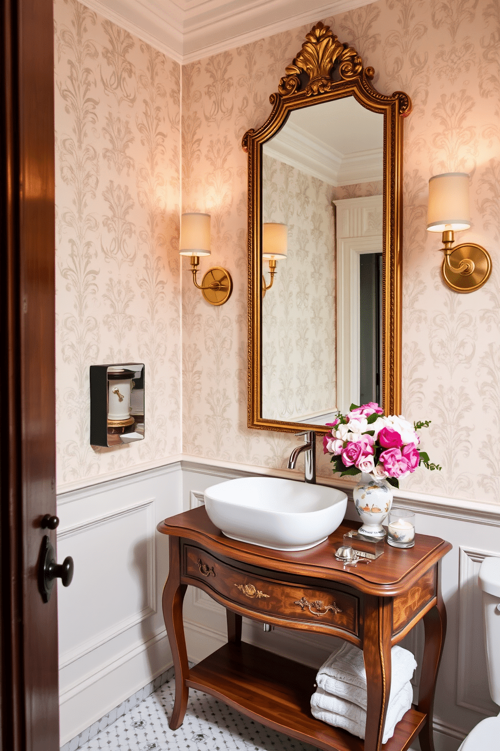 A luxurious European powder room featuring modern fixtures blended seamlessly with classic decor elements. The walls are adorned with intricate wallpaper in soft pastels, and a sleek, contemporary sink is mounted on a vintage wooden console table. Elegant sconces provide warm lighting, casting a soft glow over the space. A large, ornate mirror with a gilded frame reflects the beauty of the room, while fresh flowers in a porcelain vase add a touch of color and sophistication.