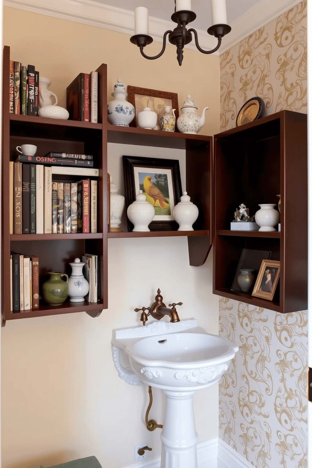 Open shelving showcasing decorative items. The shelves are filled with an eclectic mix of books, ceramic vases, and framed art, all harmoniously arranged against a soft pastel wall. The European powder room features a classic pedestal sink with intricate detailing, complemented by a vintage-style wall-mounted faucet. Elegant wallpaper with a floral pattern adds a touch of sophistication, while a small chandelier provides ambient lighting.