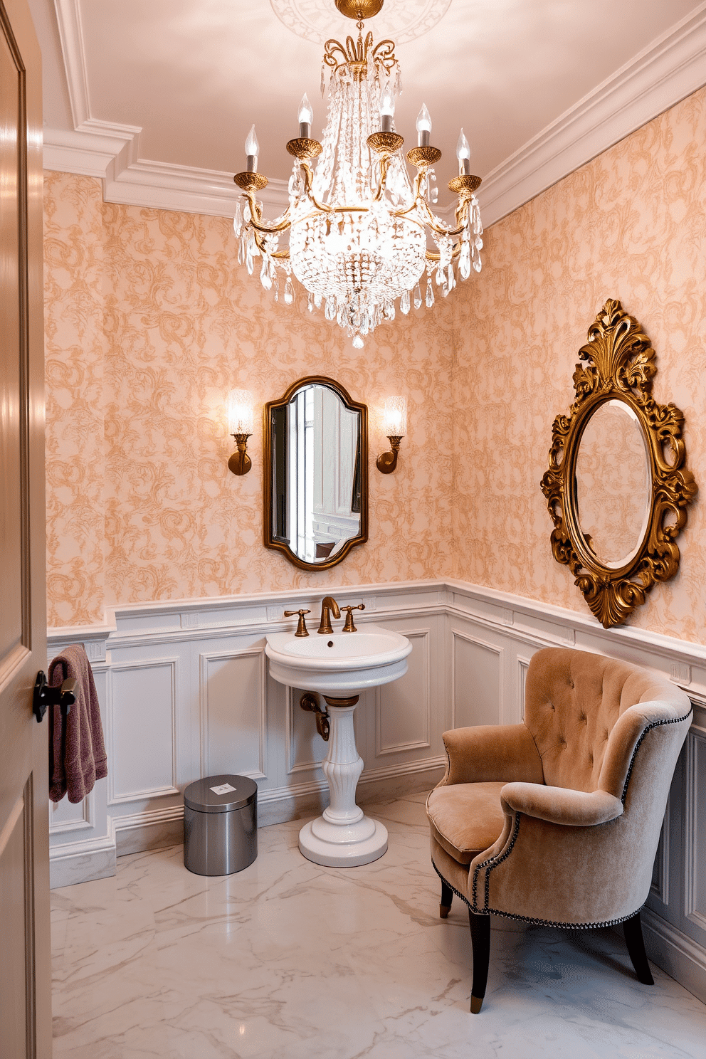 An elegant powder room featuring a stunning crystal chandelier that cascades light beautifully across the space. The walls are adorned with intricate wallpaper in soft pastels, complemented by a vintage-style pedestal sink and ornate gold fixtures. The floor is laid with luxurious marble tiles, enhancing the room's sophistication. A plush, velvet armchair sits in one corner, inviting relaxation, while a decorative mirror with an antique finish adds depth and style.