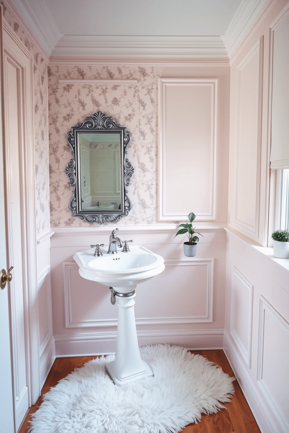 Soft pastel walls with ornate moldings create a serene and elegant atmosphere. The room features a vintage pedestal sink with a polished chrome faucet, complemented by a decorative wall-mounted mirror. Delicate wallpaper with floral patterns adorns one wall, adding a touch of charm. A plush, light-colored rug lies beneath the sink, and a small potted plant sits on the windowsill, enhancing the inviting feel of the space.