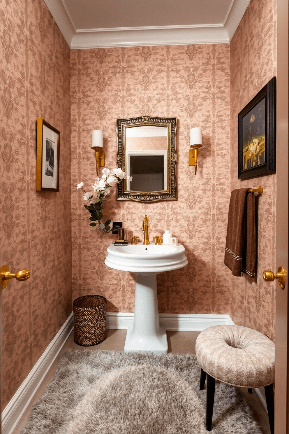 A luxurious powder room featuring textured wallpaper that adds depth and sophistication to the space. The walls are adorned with a subtle damask pattern in soft taupe, complemented by elegant gold accents in the fixtures and decor. The powder room includes a sleek pedestal sink with a vintage-style faucet, surrounded by decorative elements like a framed mirror and tasteful artwork. A plush area rug in muted colors lies beneath, enhancing the cozy ambiance while providing a stylish contrast to the wallpaper.