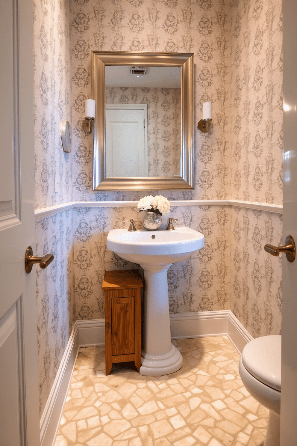 A chic European powder room featuring brushed nickel hardware that enhances the sophisticated ambiance. The walls are adorned with elegant wallpaper, complemented by a sleek pedestal sink and a stylish mirror framed in brushed nickel. The floor is laid with intricate mosaic tiles in soft pastel hues, creating a warm and inviting atmosphere. A small wooden cabinet provides storage while adding a touch of rustic charm, and a delicate floral arrangement sits atop the sink for a fresh accent.