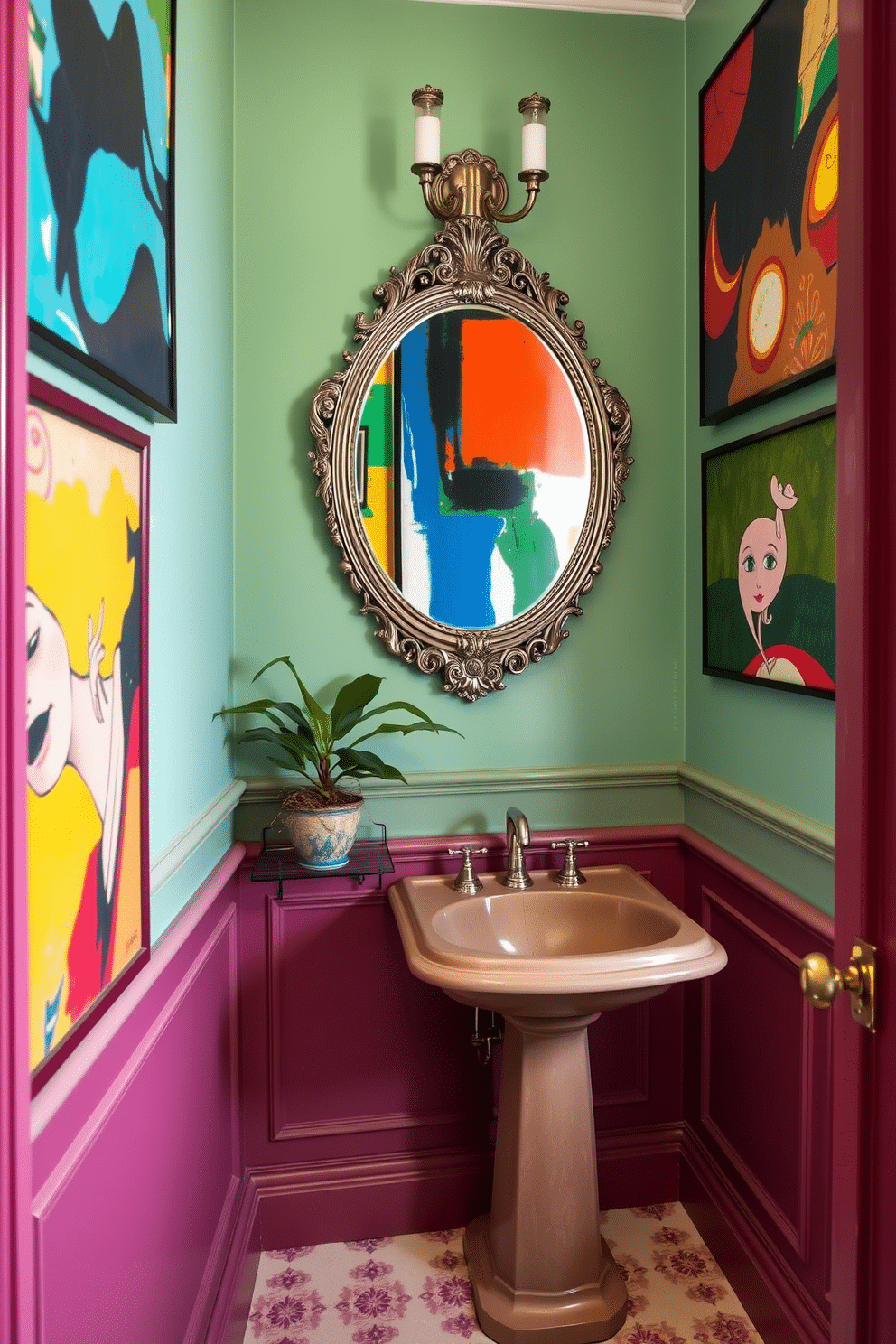 A vibrant European powder room featuring colorful artwork that adds a lively touch to the decor. The walls are adorned with bold, abstract paintings that complement the elegant fixtures and rich textures. The space includes a sleek pedestal sink with a vintage-style faucet and a decorative mirror with an ornate frame. A small potted plant sits on a stylish shelf, adding a touch of greenery to the inviting atmosphere.