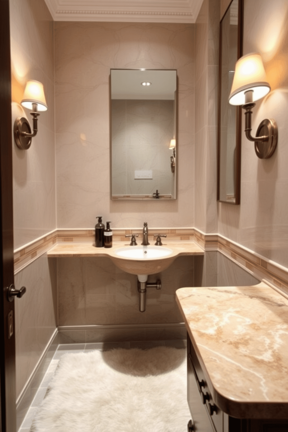 A luxurious powder room featuring natural stone countertops that enhance durability and elegance. The walls are adorned with intricate tile work, and stylish sconces provide warm ambient lighting. The space includes a sleek, modern sink paired with a vintage-style faucet, creating a perfect blend of contemporary and classic design. A plush rug lies beneath the vanity, adding comfort and a touch of softness to the overall aesthetic.