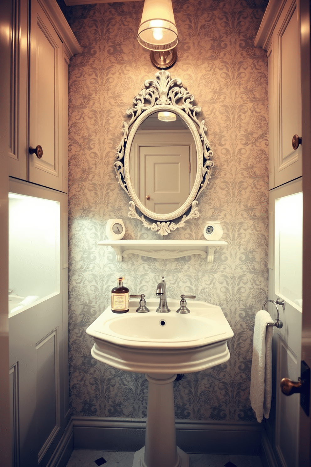 A European powder room featuring elegant fixtures and classic design elements. The space is illuminated by subtle lighting under the cabinets, creating a warm and inviting atmosphere. The walls are adorned with intricate wallpaper in soft hues, complemented by a vintage-style pedestal sink. A decorative mirror with ornate detailing hangs above the sink, adding a touch of sophistication to the overall design.