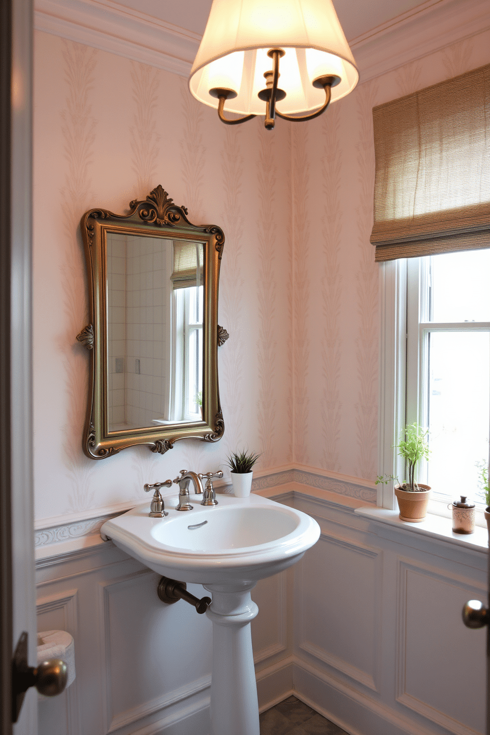 A European powder room featuring elegant fixtures and a serene atmosphere. The walls are adorned with soft pastel wallpaper, and a vintage-style pedestal sink is complemented by a stylish wall-mounted mirror. Small potted plants are strategically placed on the windowsill, adding a refreshing touch of greenery. A chic light fixture hangs above, casting a warm glow that enhances the room's inviting ambiance.