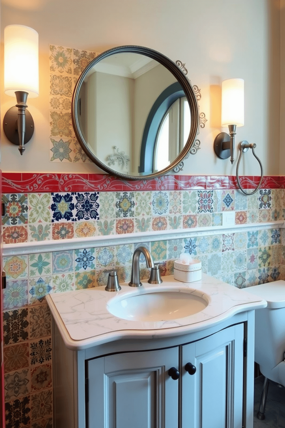 A stylish European powder room features decorative tiles as a stunning backsplash, showcasing intricate patterns in a mix of vibrant colors. The elegant vanity is complemented by a sleek, modern faucet and a round mirror with a decorative frame, enhancing the room's sophisticated atmosphere.