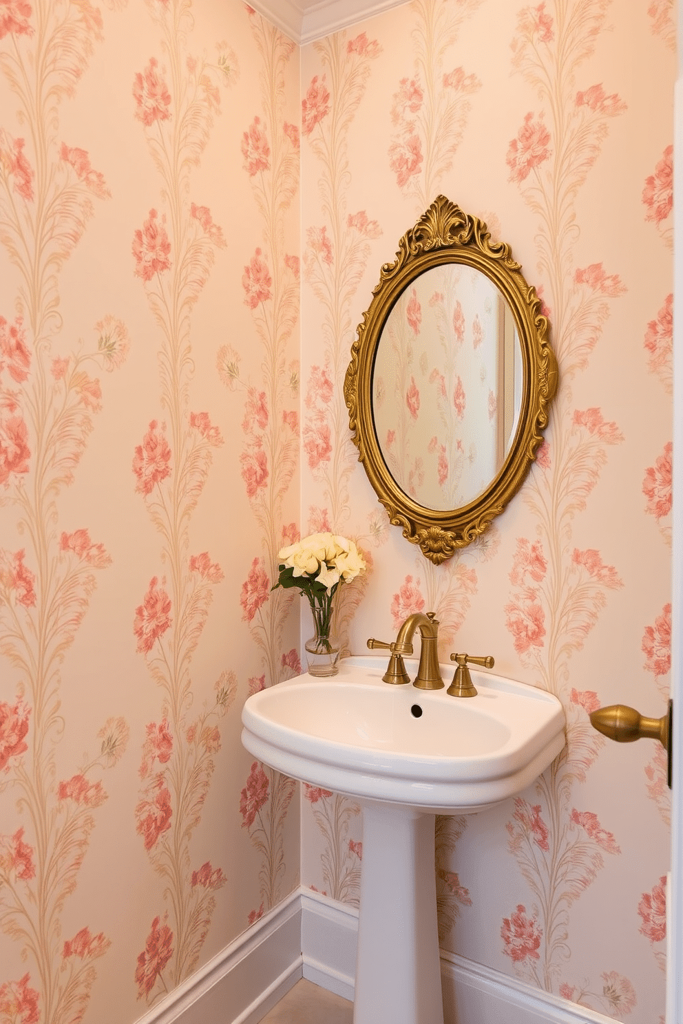 A chic powder room adorned with elegant floral-patterned wallpaper in soft pastels. The space features a sleek pedestal sink with a vintage-style faucet, complemented by a round mirror with an ornate gold frame.