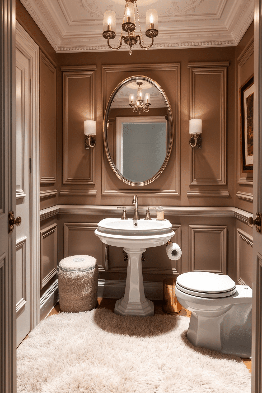 A luxurious European powder room featuring a soft, plush area rug that adds comfort and style. The space includes intricate wall moldings and a chic pedestal sink, complemented by elegant fixtures and soft lighting.