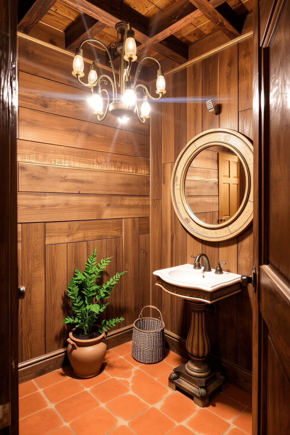 A cozy European powder room featuring rustic wooden accents and warm, inviting lighting. The walls are adorned with reclaimed wood paneling, and a vintage-style chandelier hangs from the ceiling, casting a soft glow. A pedestal sink with an antique finish sits against one wall, complemented by a large round mirror framed in distressed wood. The floor is covered with terracotta tiles, and a small potted plant adds a touch of greenery to the space.