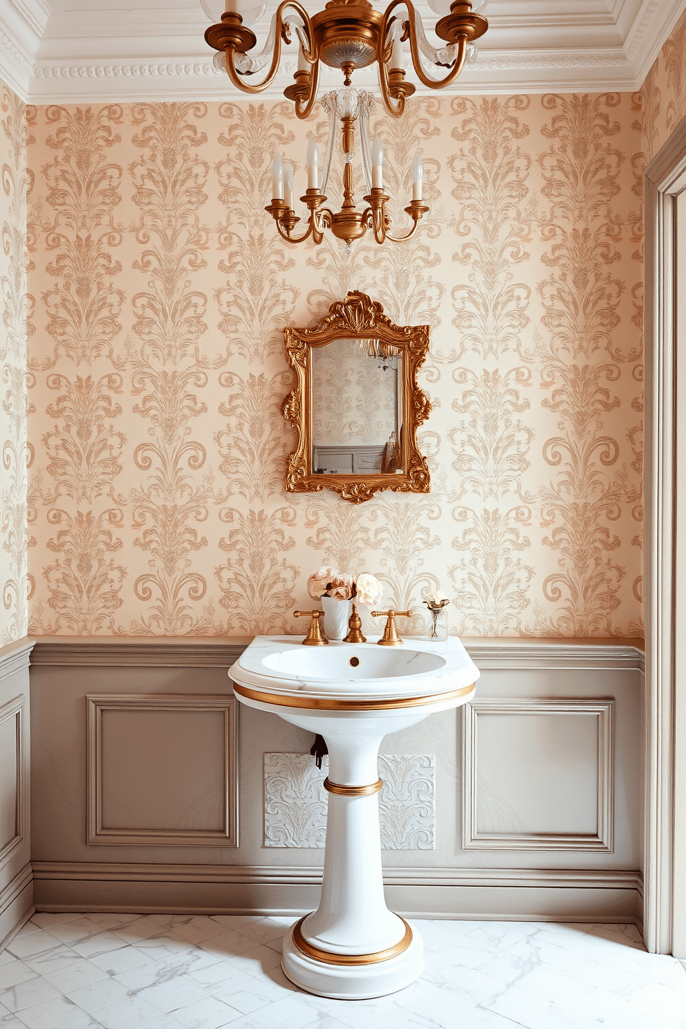 Classic pedestal sink with gold accents. The walls are adorned with intricate wallpaper in soft pastels, complemented by a vintage chandelier above. A small, ornate mirror with a gold frame hangs above the sink, reflecting the elegant decor. Delicate floral arrangements on a marble shelf add a touch of sophistication to the space.