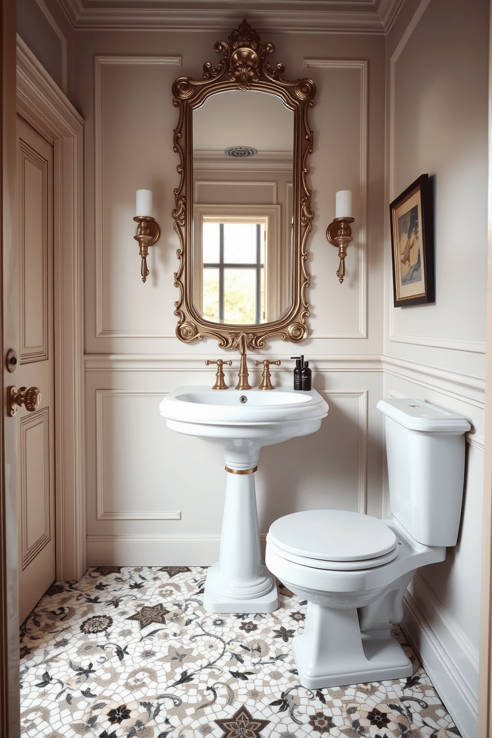 A stylish European powder room featuring an elegant design with intricate mosaic tiles adorning the floor. The walls are painted in a soft pastel hue, complemented by ornate fixtures and a chic pedestal sink.