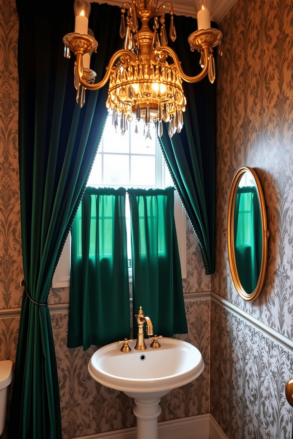 Luxurious velvet curtains in deep emerald green frame a small window, adding a touch of opulence to the space. The walls are adorned with intricate wallpaper featuring a subtle damask pattern, enhancing the elegance of the room. A vintage pedestal sink with a polished gold faucet serves as the focal point, complemented by a stylish wall-mounted mirror. Soft, ambient lighting from a chic chandelier casts a warm glow, creating a cozy atmosphere perfect for relaxation.