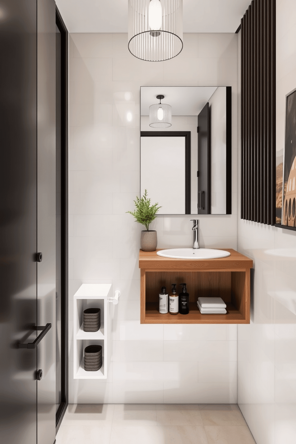 A compact powder room featuring innovative storage solutions for small spaces. The design includes a sleek wall-mounted sink with a floating vanity that incorporates built-in shelves for toiletries and decorative items. The walls are adorned with light-colored tiles that create an illusion of spaciousness, while a large mirror enhances the brightness of the room. An elegant light fixture hangs above, and a small potted plant adds a touch of greenery to the overall aesthetic.