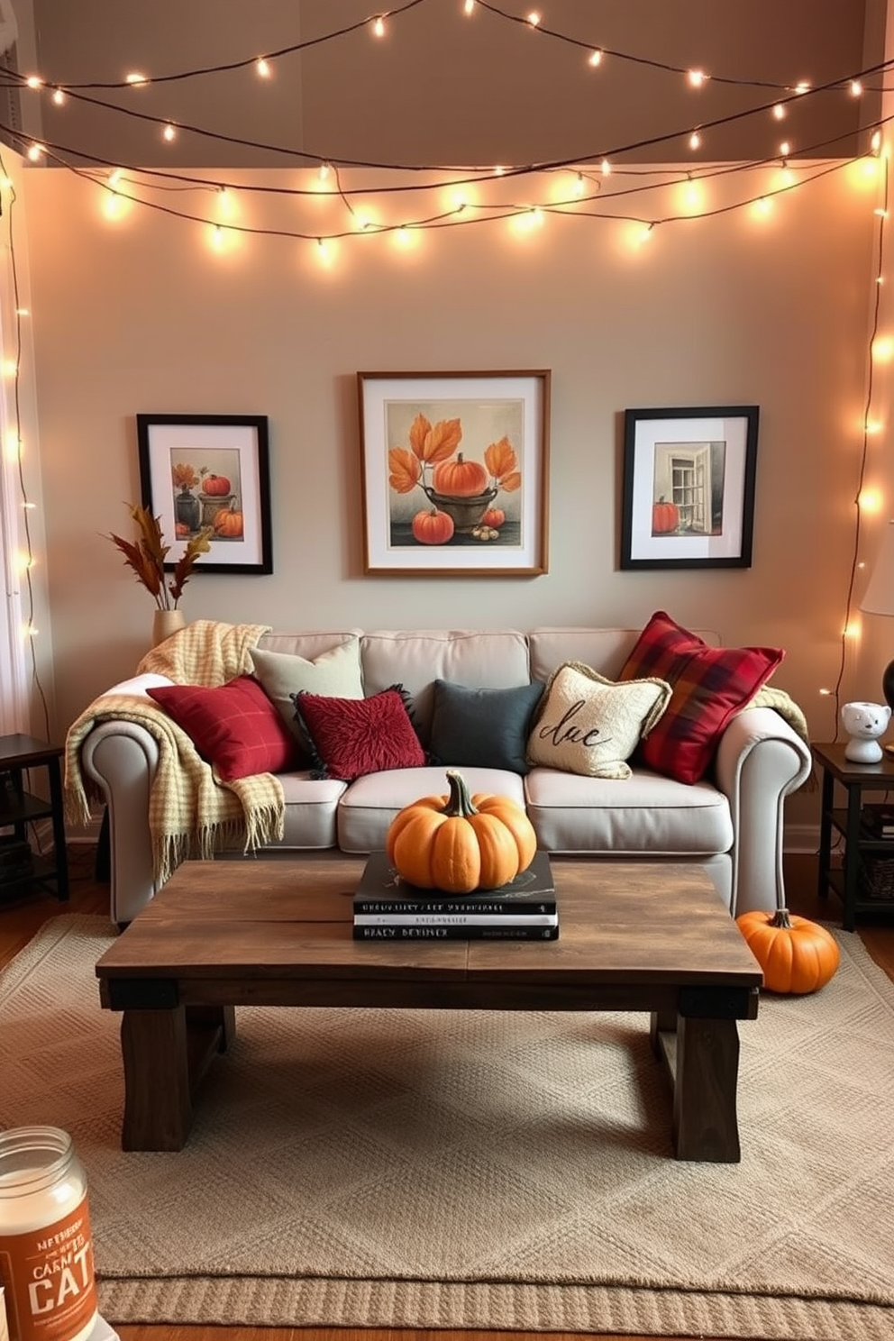 A cozy fall apartment setting adorned with string lights that cast a warm glow throughout the space. The living area features a plush sofa layered with soft blankets and an assortment of decorative pillows in autumn hues. A rustic wooden coffee table sits in the center, topped with a pumpkin centerpiece and a stack of seasonal books. The walls are decorated with framed autumn-themed artwork, enhancing the inviting atmosphere of the apartment.