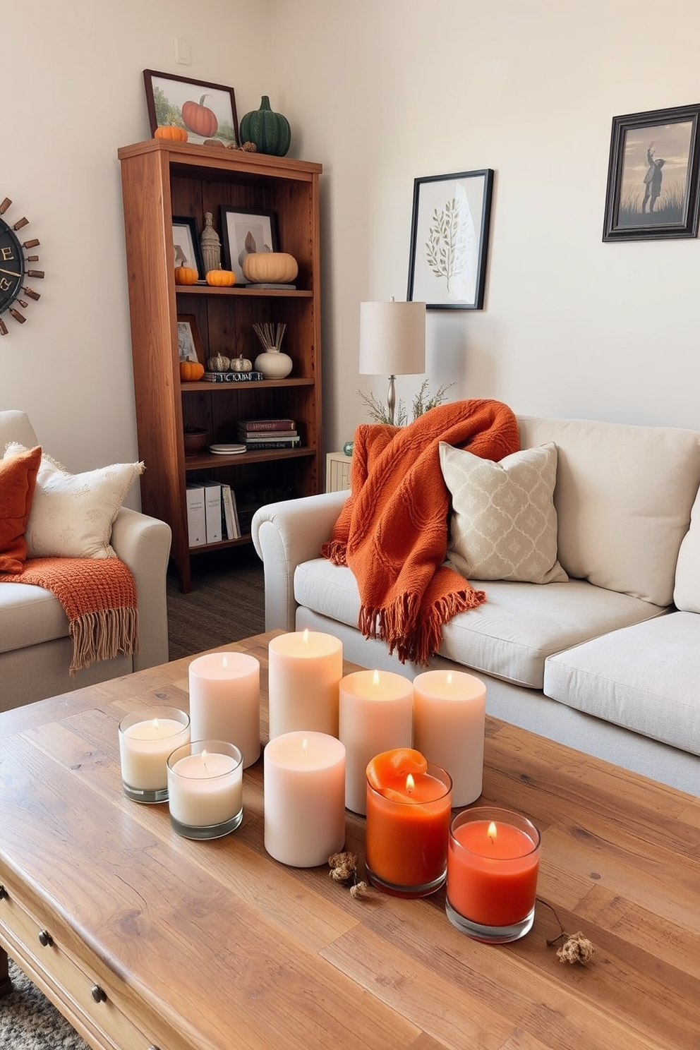 A cozy autumn-themed living room featuring an array of autumn-scented candles arranged on a rustic wooden coffee table. Plush throw blankets in warm hues of orange and brown are draped over a soft beige sofa, creating an inviting atmosphere. In the corner, a tall bookshelf is filled with seasonal decor, including miniature pumpkins and framed autumn-themed artwork. The walls are painted in a soft cream color, complementing the rich tones of the decor and enhancing the warm, inviting vibe of the space.