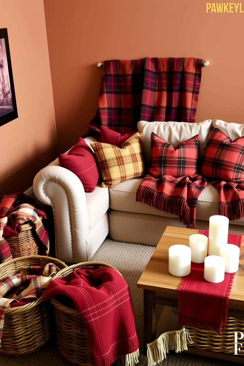 A cozy fall apartment setting featuring plaid patterns in textiles. The living room showcases a large plaid throw blanket draped over a plush sofa, complemented by plaid cushions in various autumnal colors. In the corner, a wooden coffee table is adorned with a plaid table runner and a collection of candles. The walls are painted in warm earth tones, and a woven basket filled with cozy plaid blankets sits beside the sofa.