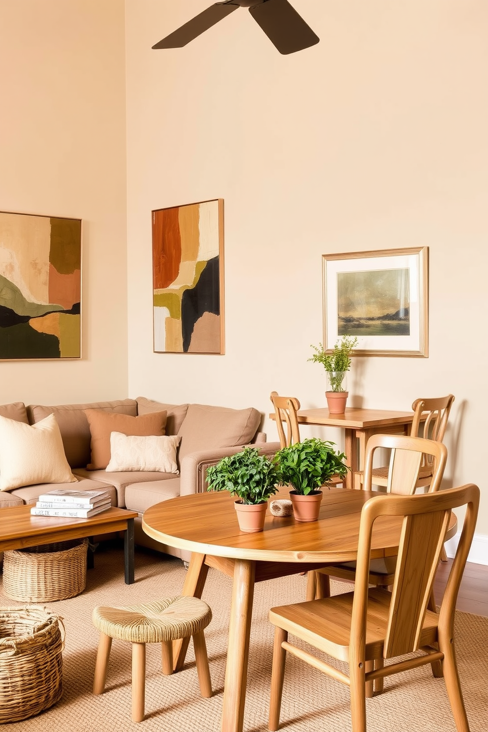 A cozy living room featuring soft beige walls adorned with abstract wall art in earthy tones. A plush taupe sofa is paired with a rustic wooden coffee table, surrounded by woven baskets for storage. A small dining area with a round wooden table set against a backdrop of olive green walls. The table is surrounded by mismatched chairs in natural wood finishes, complemented by a centerpiece of fresh herbs in terracotta pots.