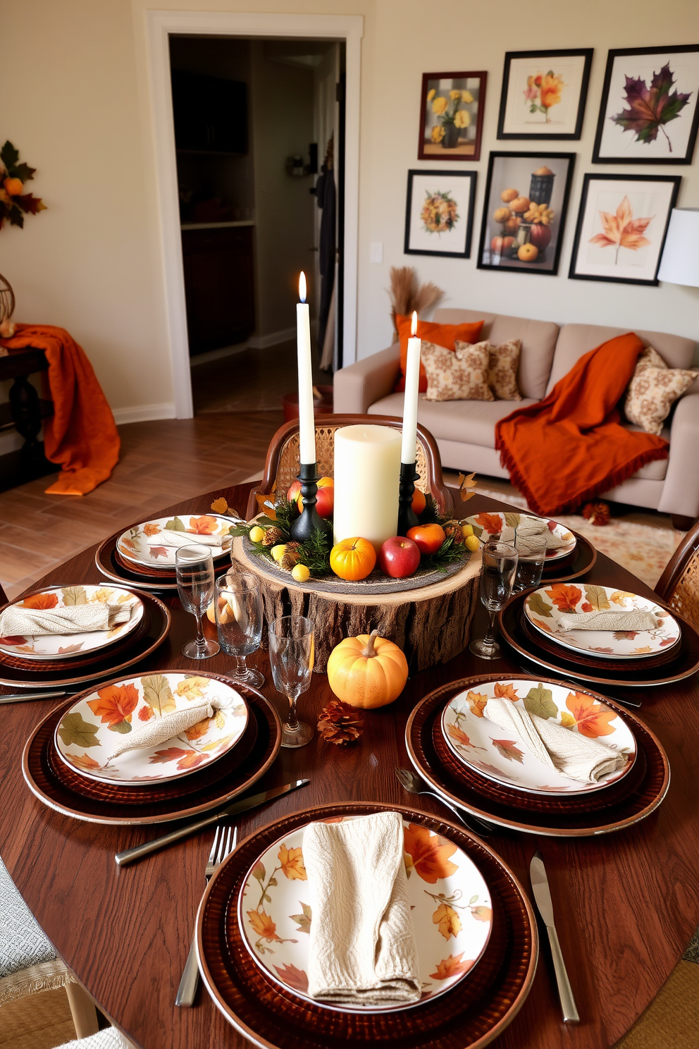 A beautifully arranged table setting features fall-themed dishware, including plates adorned with autumn leaves and rich, earthy tones. Centered on the table is a rustic wooden centerpiece filled with seasonal fruits and candles, creating a warm and inviting atmosphere. The apartment is decorated with cozy accents that reflect the essence of fall, such as plush throw blankets in deep oranges and browns. Decorative pillows with leaf patterns are arranged on a neutral sofa, while a gallery wall showcases autumn-inspired artwork.