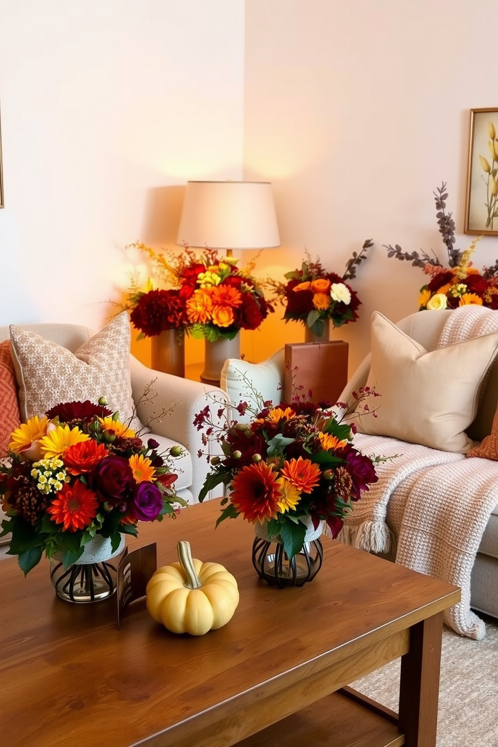 A cozy fall apartment setting filled with vibrant floral arrangements featuring seasonal blooms in rich autumn colors. The living room showcases a plush sofa adorned with soft throw pillows, while a wooden coffee table is topped with a centerpiece of fresh flowers and decorative gourds. Warm, ambient lighting casts a golden glow throughout the space, enhancing the inviting atmosphere. Textured blankets are draped over the arm of the sofa, and seasonal artwork adorns the walls, celebrating the beauty of fall.