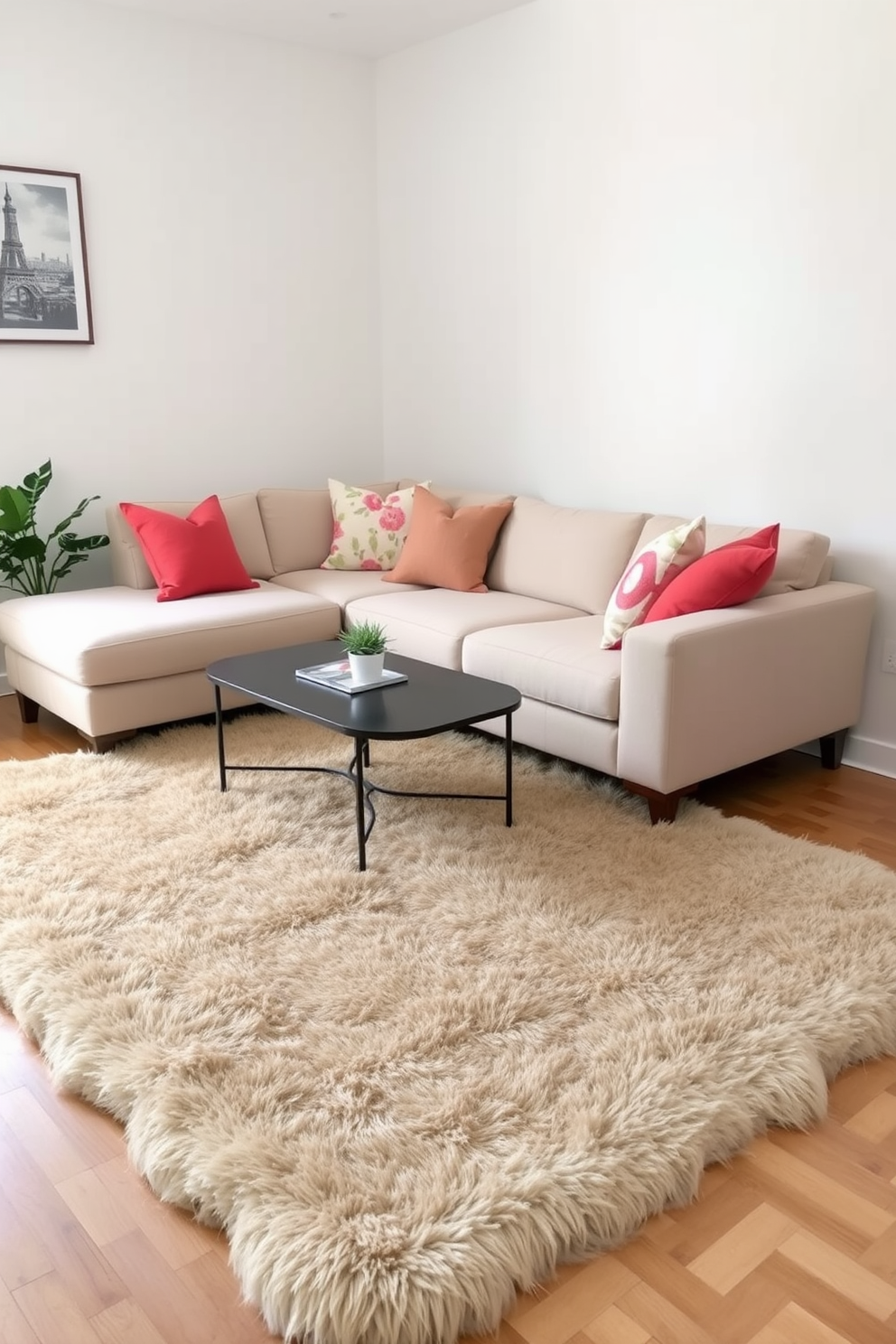 A cozy living room adorned with a plush faux fur rug that adds warmth and texture to the space. The room features a stylish sectional sofa in a soft neutral tone, complemented by colorful throw pillows and a chic coffee table. In the corner, a small indoor plant brings a touch of nature indoors. The walls are painted in a light pastel shade, creating a serene atmosphere perfect for relaxation.