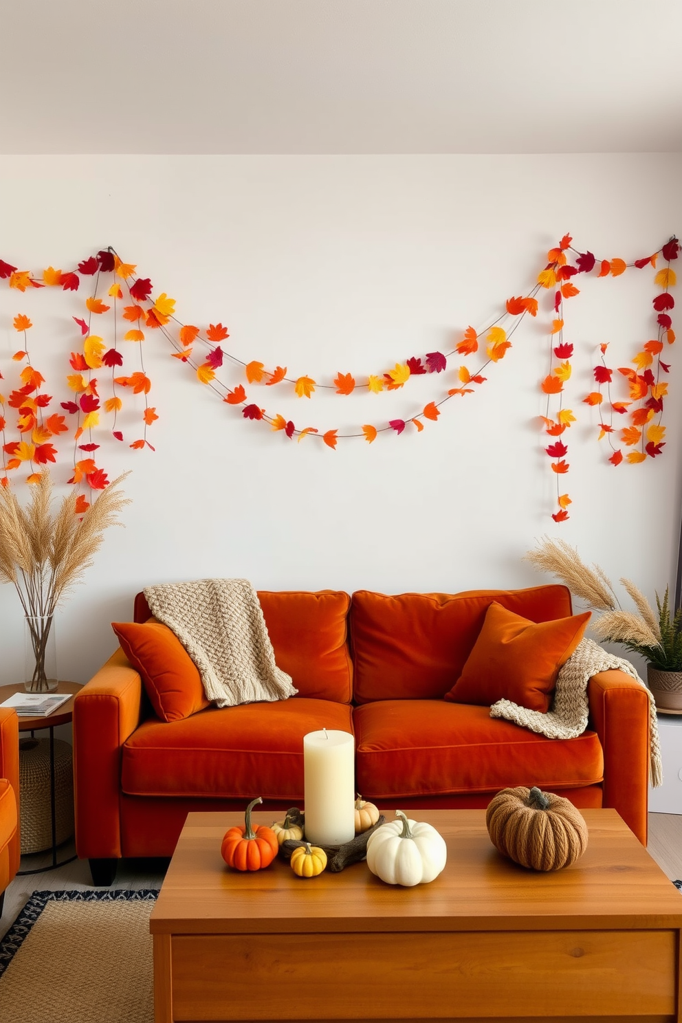 A cozy fall apartment setting. The walls are adorned with vibrant autumn-themed garlands, featuring leaves in shades of orange, red, and yellow. A plush sofa in warm tones sits in the center of the room, complemented by a chunky knit throw blanket. A wooden coffee table is topped with seasonal decor, including small pumpkins and candles.