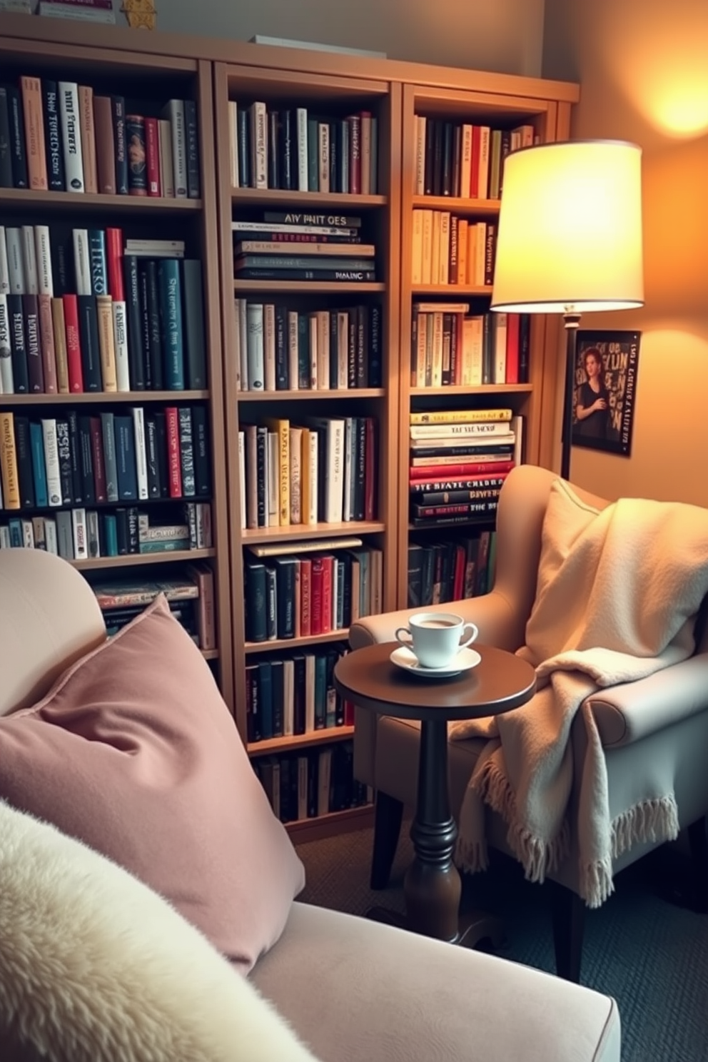 Create a cozy reading nook with plush cushions in soft pastel colors. A comfortable armchair is positioned next to a tall bookshelf filled with an array of books and a small side table holding a steaming cup of tea. The nook is illuminated by warm, ambient lighting from a nearby floor lamp. A soft throw blanket is draped over the armchair, adding an inviting touch to the space.