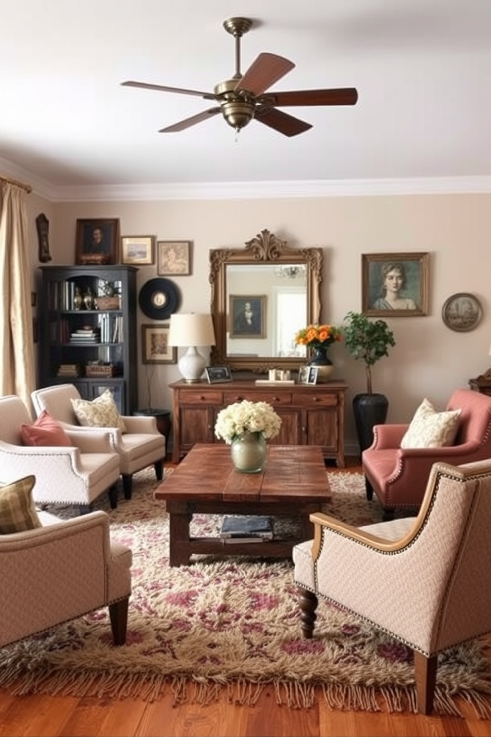 Create a cozy living room that showcases vintage finds for a rustic touch. Incorporate a reclaimed wood coffee table surrounded by mismatched upholstered chairs and a plush area rug. Adorn the walls with a mix of vintage artwork and a large, ornate mirror. Add a warm color palette with earthy tones and soft textures to enhance the inviting atmosphere.