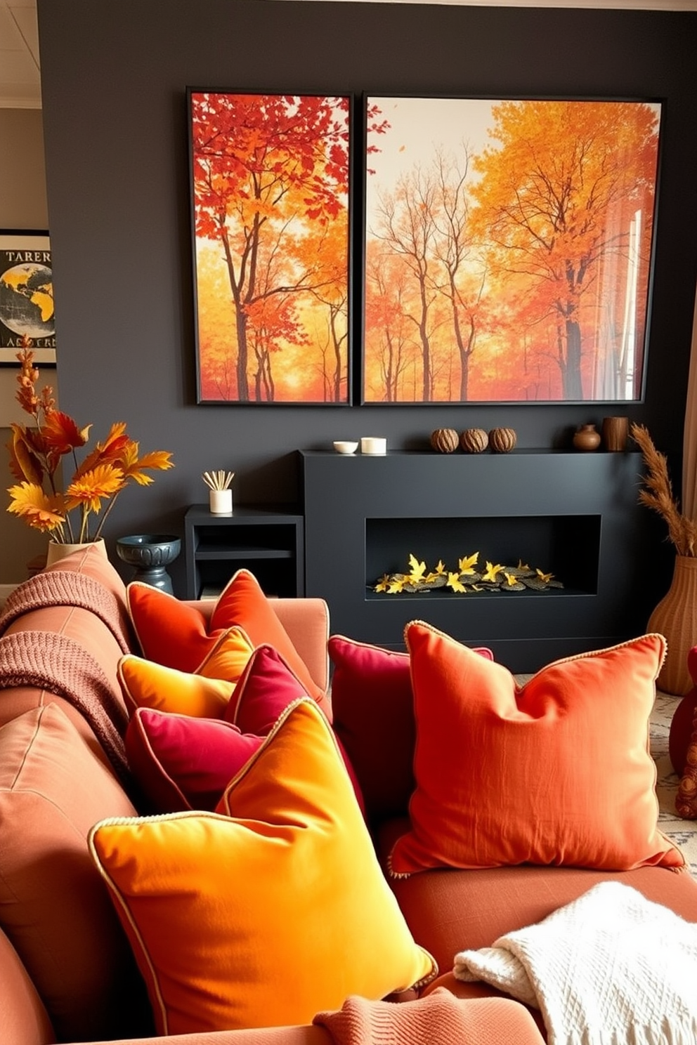 A cozy living room filled with warm autumn colors. The decor features rich oranges, deep reds, and golden yellows in cushions and throws. A stylish apartment with a blend of modern and rustic elements. The walls are adorned with artwork that reflects the beauty of fall foliage, enhancing the seasonal theme.