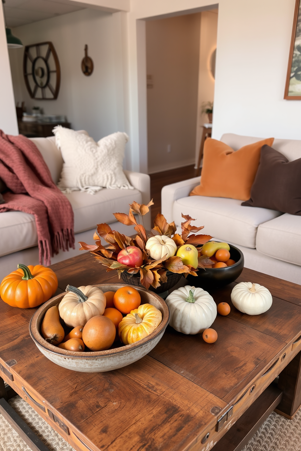 A cozy apartment living room styled for fall. There are decorative bowls filled with seasonal fruits like pumpkins apples and pears arranged on a rustic wooden coffee table. Soft throw blankets and plush cushions in warm autumn colors are draped over a comfortable sofa. A centerpiece of dried leaves and small gourds adds to the seasonal charm of the space.