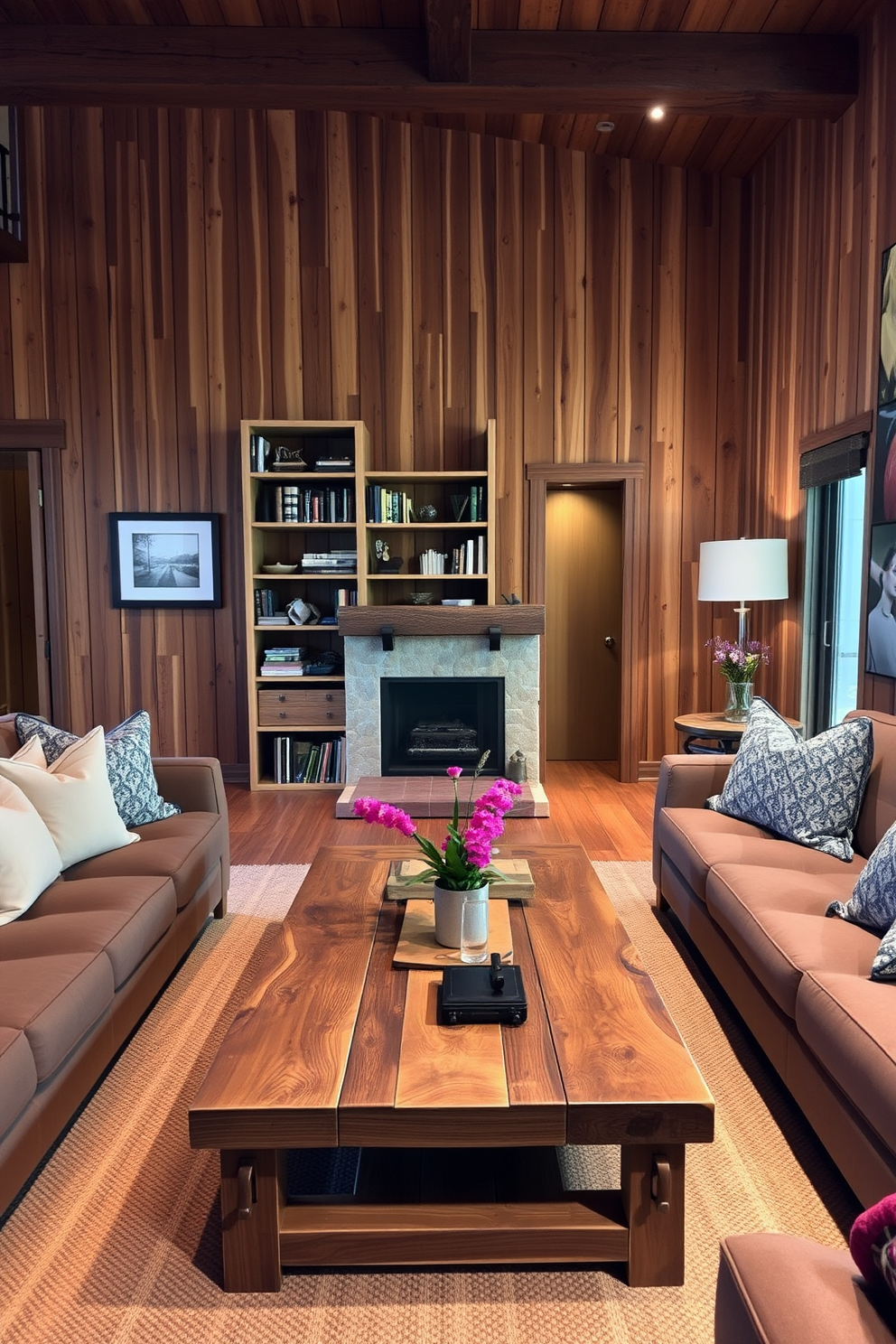 A cozy living room featuring natural wood elements throughout the decor. The walls are adorned with wooden paneling, and a reclaimed wood coffee table sits at the center, surrounded by plush seating. In one corner, a tall wooden bookshelf is filled with books and decorative items. Soft, warm lighting highlights the textures of the wood, creating an inviting and serene atmosphere.