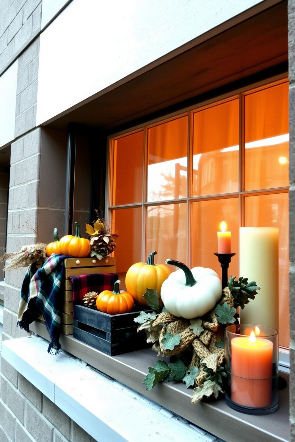 Decorate windowsills with small pumpkins in various sizes and colors to create a warm autumn atmosphere. Add soft, cozy textiles like plaid fabric or knitted throws to enhance the seasonal charm. Incorporate rustic elements such as wooden crates or baskets to hold the pumpkins, adding texture and depth. Use candles in warm hues to provide a soft glow, complementing the fall theme throughout your apartment.