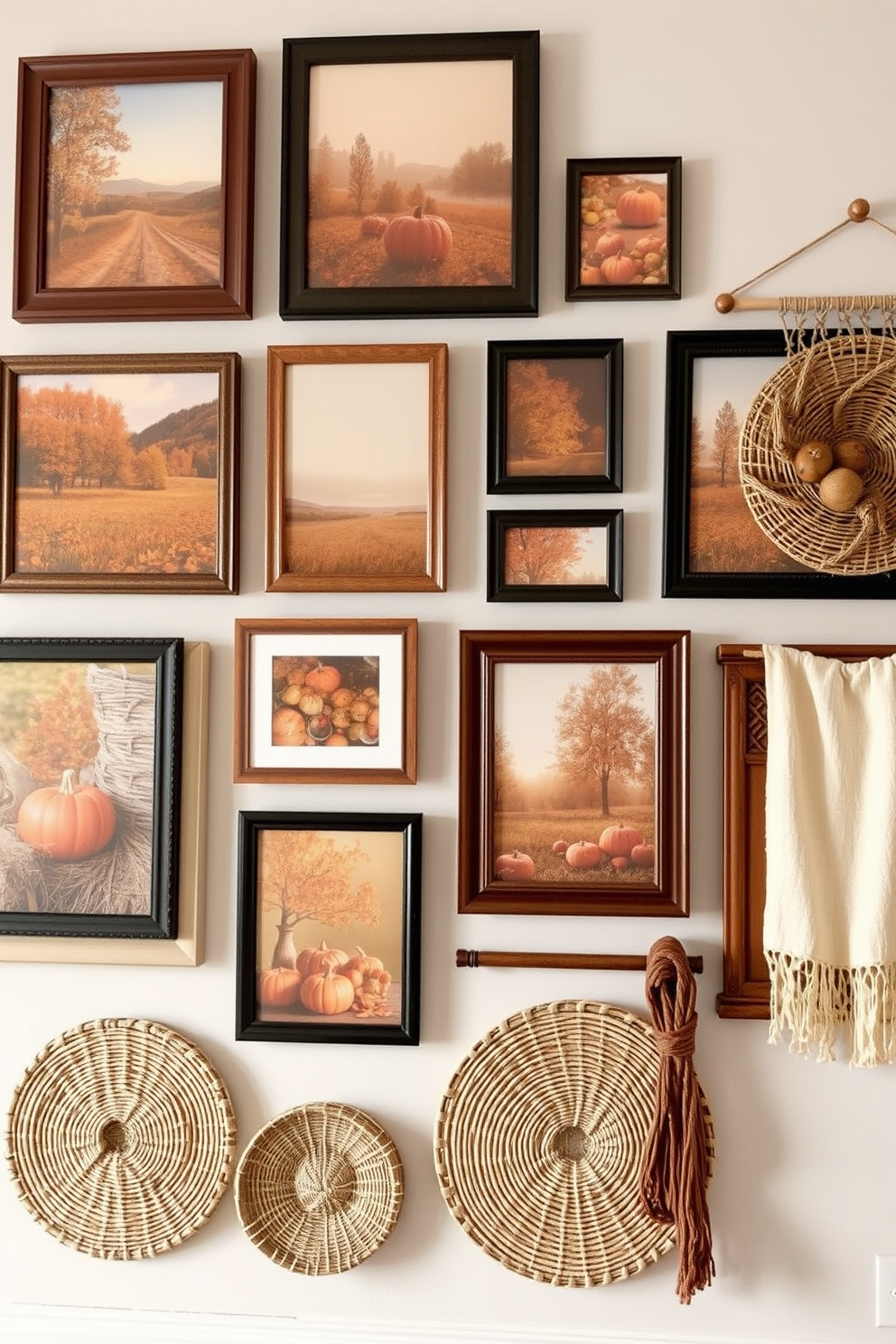 Create a fall-themed gallery wall. The wall features an array of framed artwork showcasing autumn landscapes, pumpkins, and cozy harvest scenes. Incorporate warm tones like deep oranges, rich browns, and soft golds to enhance the seasonal ambiance. Add textured elements such as woven baskets and fabric wall hangings for added depth and interest.