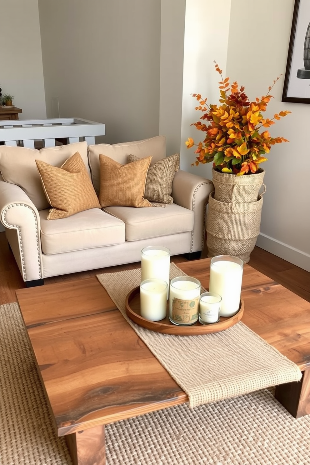 A cozy fall apartment setting with jute accents. The living room features a plush beige sofa adorned with burlap throw pillows, creating a warm and inviting atmosphere. A rustic coffee table made of reclaimed wood sits in front of the sofa, topped with a woven jute runner and a collection of autumn-themed candles. In the corner, a burlap-wrapped planter holds vibrant fall foliage, adding a touch of nature to the space.