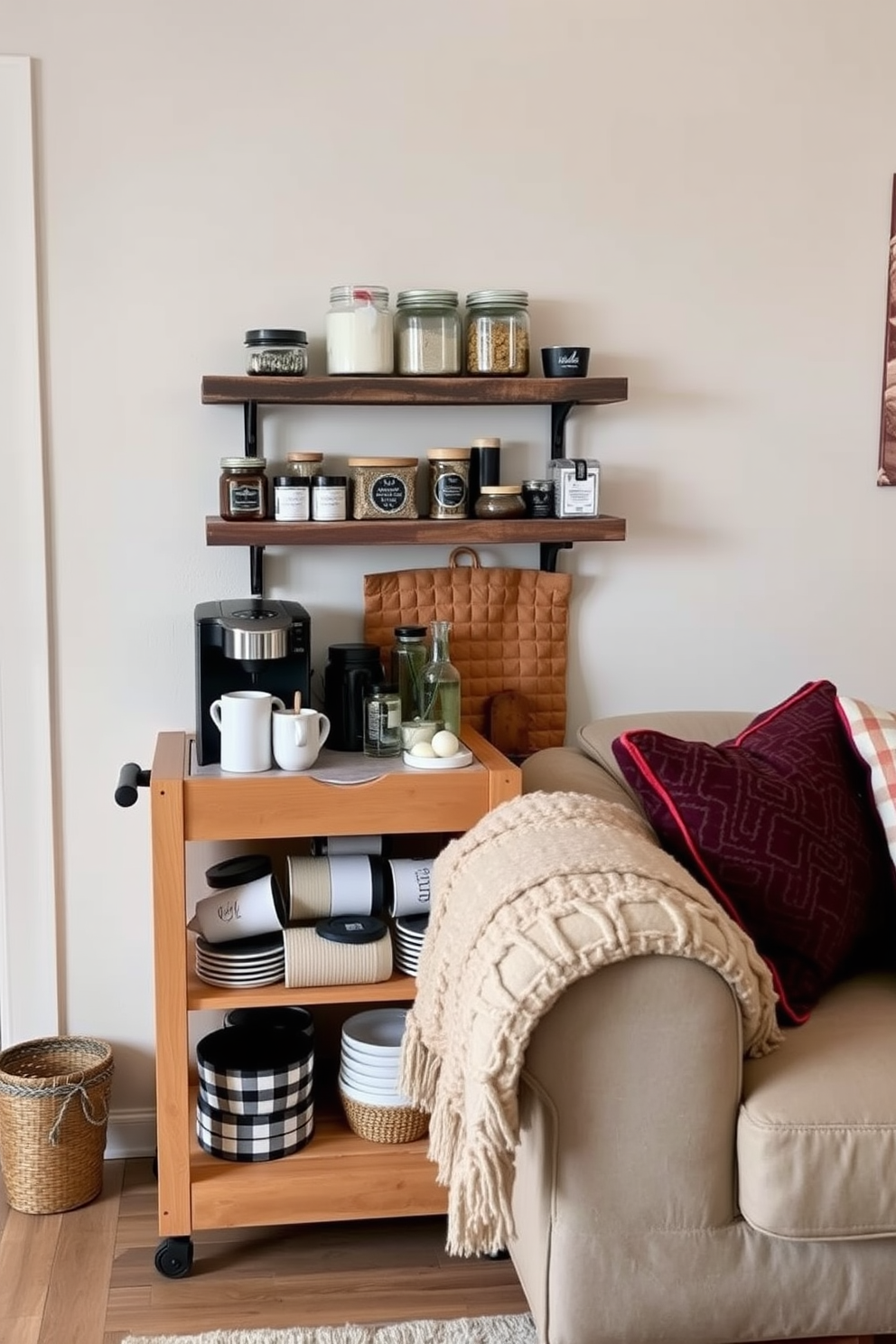 A cozy hot beverage station is set up in a corner of the kitchen. It features a sleek wooden cart with a built-in coffee maker, an assortment of mugs, and a selection of teas and coffee blends. The wall above the cart is adorned with a rustic shelf displaying decorative jars filled with spices and sweeteners. Soft lighting from a nearby pendant lamp creates a warm and inviting atmosphere, perfect for enjoying a cup of coffee or tea. For the fall apartment decorating ideas, plush throw blankets in autumnal colors are draped over the sofa. Decorative pillows with seasonal patterns add a touch of comfort and style to the living space.