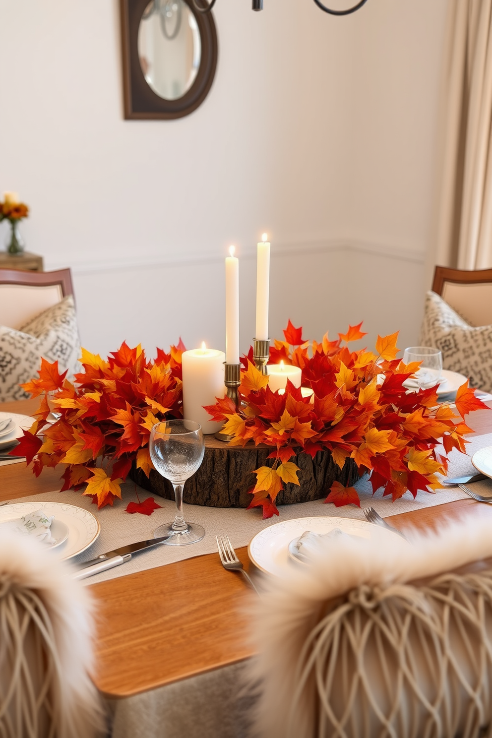 A cozy dining table adorned with vibrant autumn leaves in shades of red, orange, and yellow. The leaves are artfully arranged around a rustic wooden centerpiece, creating a warm and inviting atmosphere. The table is set with elegant dinnerware and soft, glowing candles that enhance the seasonal charm. Plush, patterned cushions on the chairs add a touch of comfort and style to the fall-inspired decor.