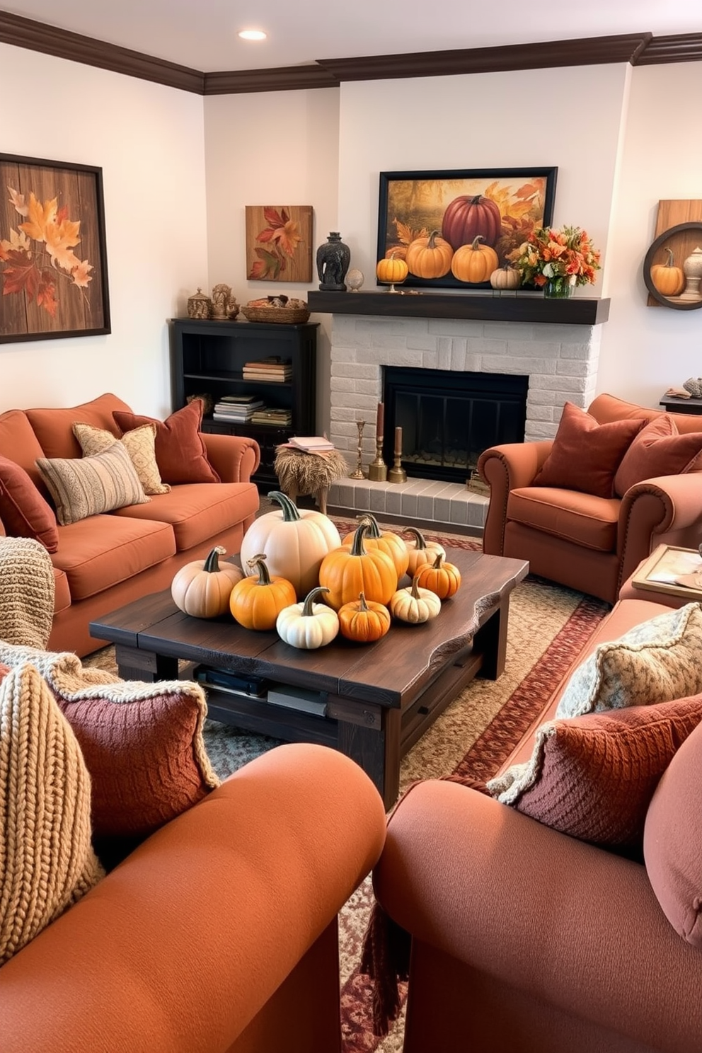 A cozy living room adorned with pumpkins of various sizes as centerpieces. The pumpkins are arranged on a rustic wooden coffee table surrounded by plush, oversized sofas in warm autumn tones. The walls are decorated with seasonal artwork featuring fall leaves and harvest themes. Soft, ambient lighting creates a welcoming atmosphere, highlighting the rich textures of knitted throws and decorative pillows.