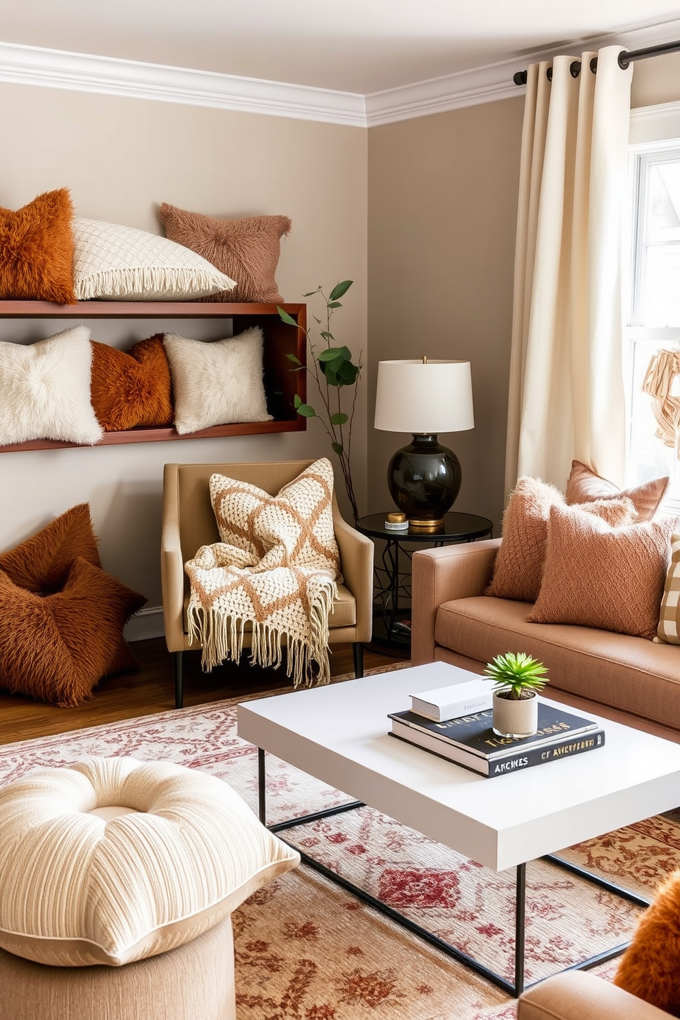 A cozy living room featuring layered textures created by an array of plush pillows and soft throws. The color palette includes warm neutrals and rich earth tones, enhancing the inviting atmosphere of the space. In the corner, a stylish armchair is adorned with a chunky knit throw, while a patterned area rug anchors the seating arrangement. A modern coffee table holds decorative books and a small potted plant, adding a touch of greenery to the decor.