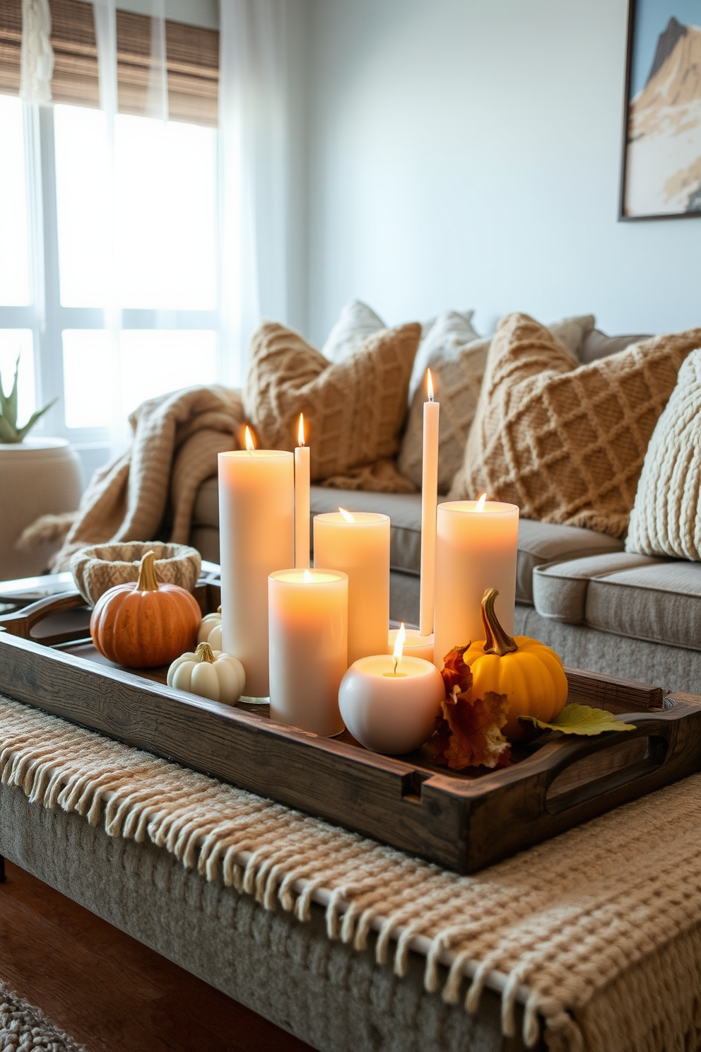 Candle arrangements create a warm and inviting atmosphere with varying heights and sizes of candles displayed on a rustic wooden tray. Soft flickering light reflects off nearby surfaces, enhancing the cozy ambiance of the space. In a stylish fall apartment, warm earth tones dominate the decor with plush throws and seasonal accents like pumpkins and leaves. Textured pillows and layered rugs add depth, creating a welcoming retreat for relaxation.