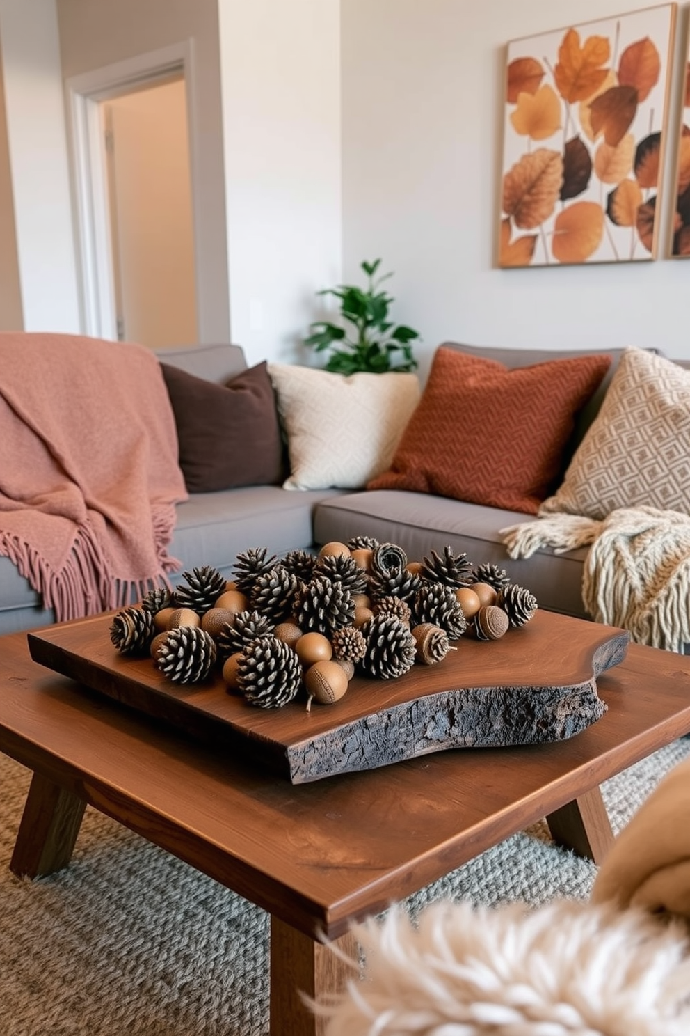 A cozy fall apartment setting filled with natural elements. Pinecones and acorns are artfully arranged on a rustic wooden coffee table, surrounded by soft, warm blankets and plush cushions. The walls are adorned with earthy tones and seasonal artwork featuring autumn leaves. A small potted plant sits in the corner, adding a touch of greenery to the inviting atmosphere.