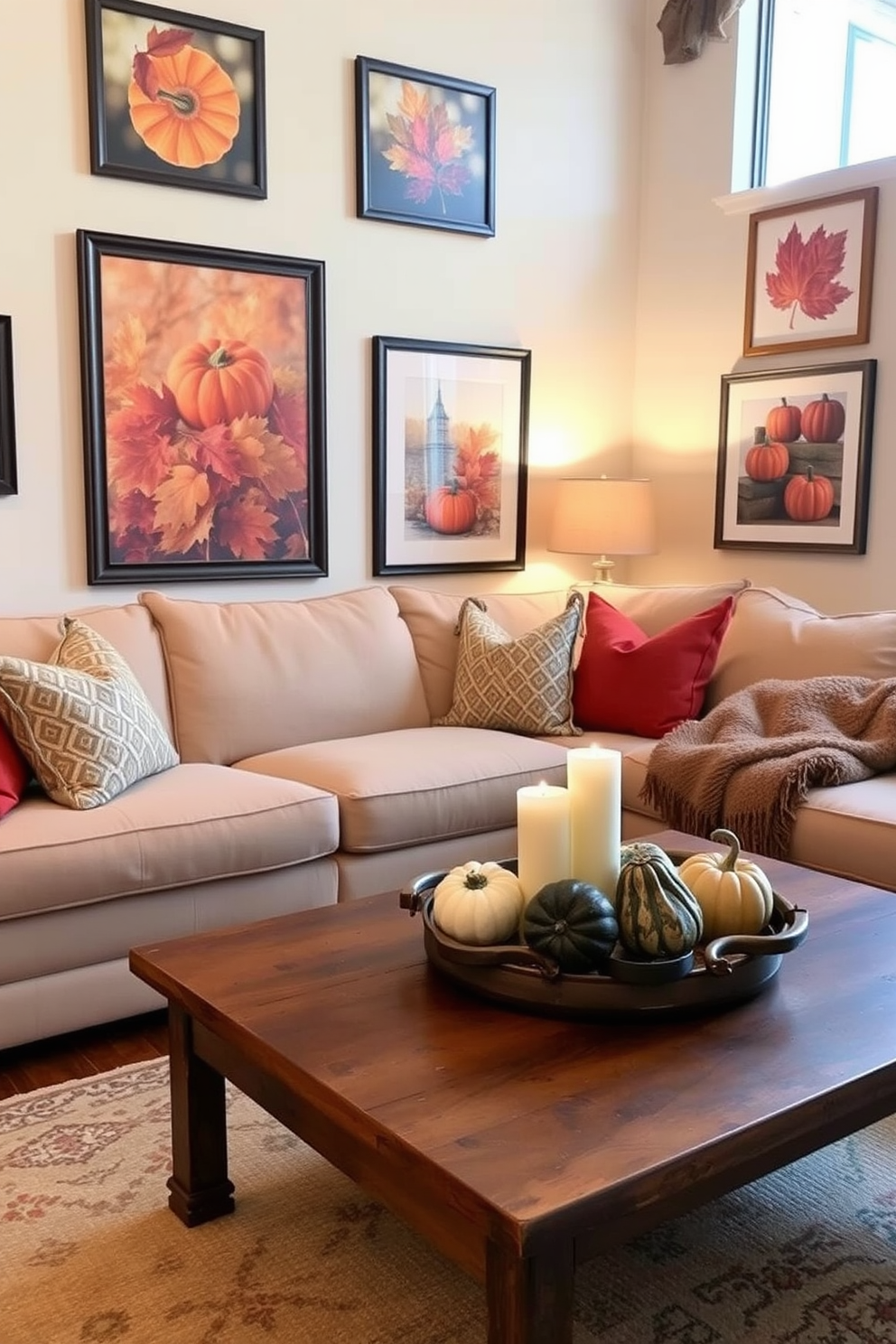 A cozy living room adorned with seasonal artwork showcasing fall themes. The walls are decorated with framed prints of autumn leaves and pumpkins, creating a warm and inviting atmosphere. Plush throw pillows in rich oranges and deep reds are scattered across a soft beige sofa. A rustic wooden coffee table holds a centerpiece of gourds and candles, enhancing the fall-inspired decor.