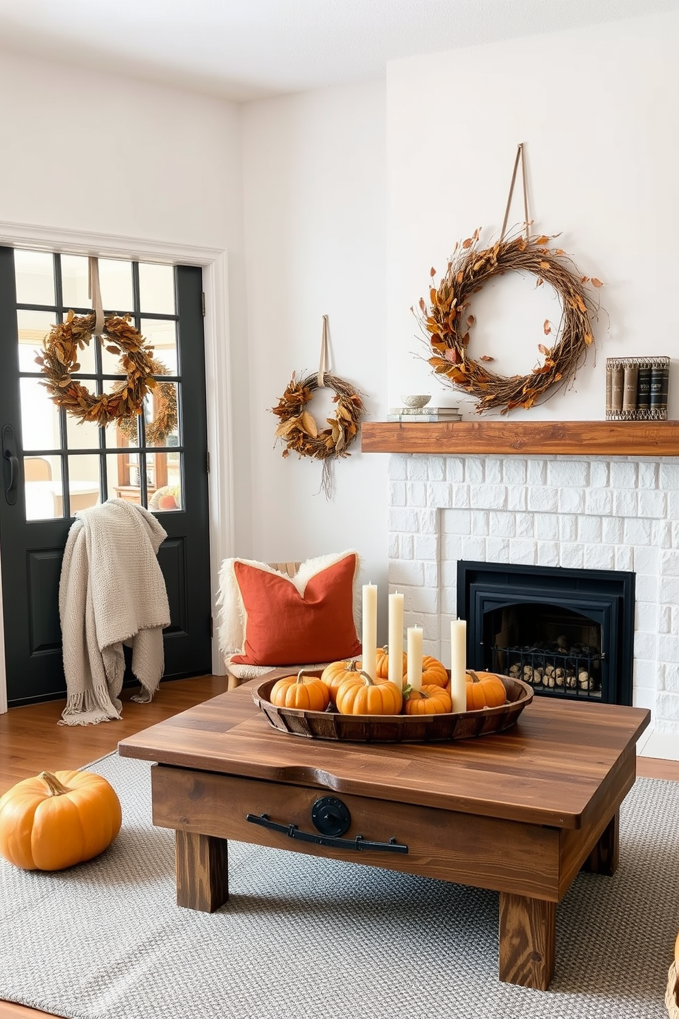 A cozy fall apartment setting featuring wreaths made of dried leaves and twigs. The wreaths are hung on the front door and above the fireplace, creating a warm and inviting atmosphere. Inside, the living room is adorned with plush throw blankets and pillows in autumnal colors. A rustic wooden coffee table holds a centerpiece of pumpkins and candles, enhancing the seasonal decor.