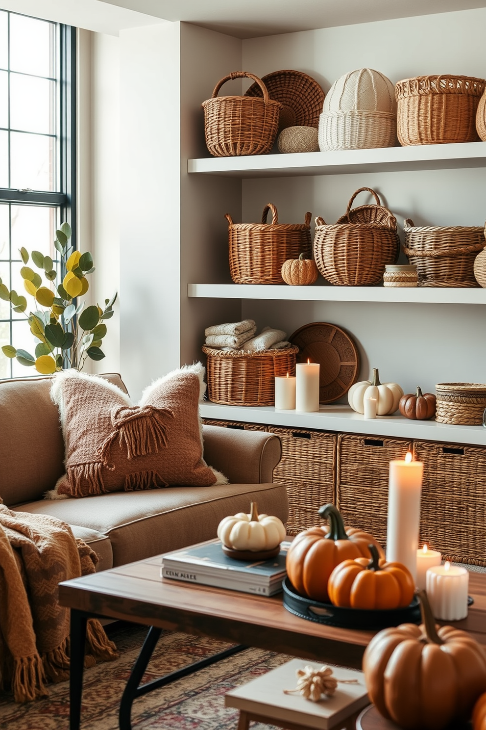 Decorative baskets are artfully arranged on open shelves, adding both functionality and a touch of warmth to the space. Soft textures and natural fibers create a cozy atmosphere, enhancing the overall aesthetic of the room. In a stylish fall apartment, rich autumn hues are incorporated through plush throw pillows and warm blankets. A carefully curated mix of seasonal decor, such as pumpkins and candles, brings a welcoming vibe to the living area.