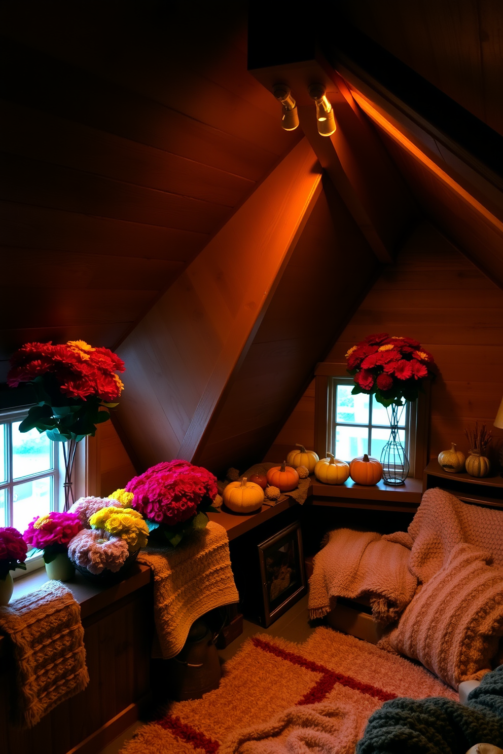 A cozy attic space adorned for fall. Mums in vibrant hues and rustic pumpkins are artfully arranged on the window sills, creating a warm and inviting atmosphere. Soft, ambient lighting illuminates the room, highlighting the wooden beams and sloped ceiling. Plush blankets and seasonal decor add a touch of comfort, making it the perfect retreat for autumn.