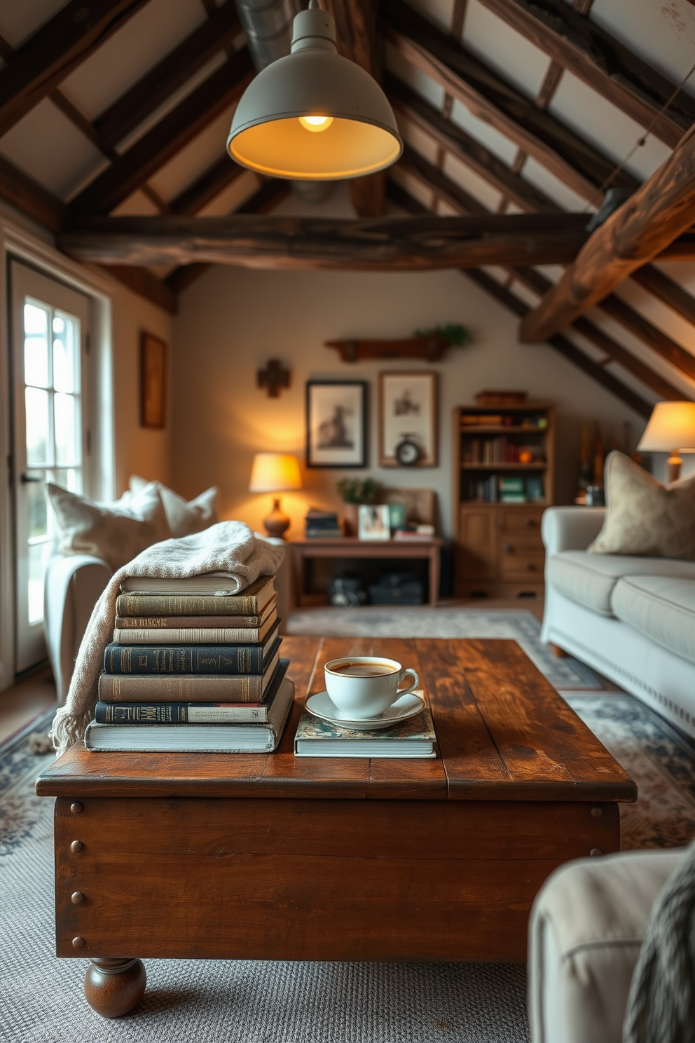 A cozy living room setting with vintage books stacked neatly on a rustic wooden coffee table. The table is adorned with a warm throw blanket and a steaming cup of tea, creating an inviting atmosphere. The attic is transformed into a charming reading nook with soft lighting and comfortable seating. Exposed wooden beams and vintage decor enhance the cozy ambiance, making it a perfect retreat for relaxation.