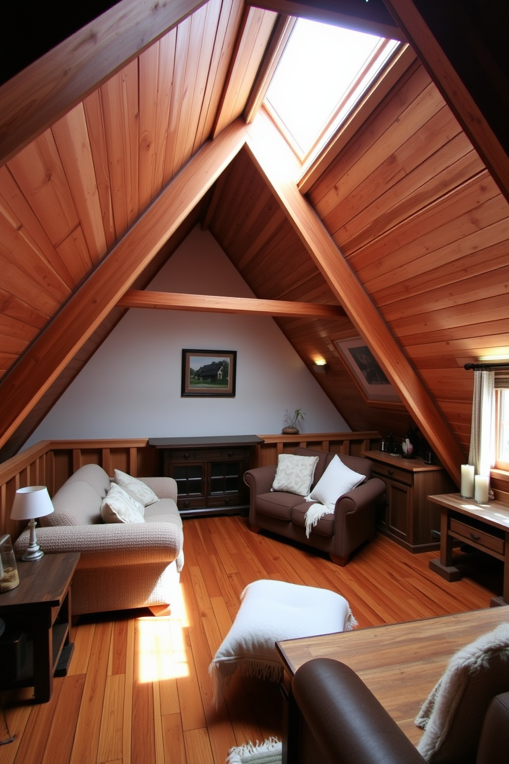 A cozy attic space with wooden accents throughout. Exposed beams and a warm wooden floor create an inviting atmosphere, complemented by rustic furniture pieces. A comfortable seating area features a plush sofa adorned with soft throw pillows. Natural light filters in through a skylight, illuminating the space and highlighting the wooden details.